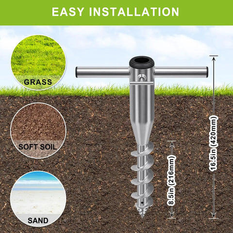 Heavy Duty Beach Umbrella Sand Anchor for Grass and Sand, Windproof In-Ground Base With 3-Sleeve Design shown in various soils