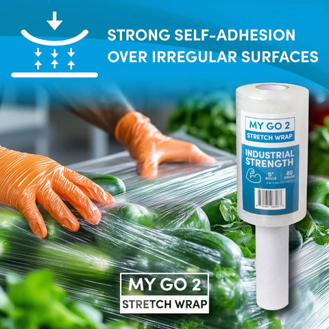 Heavy Duty 5 Inch Stretch Wrap 12 Pack With Built In Handle 80 Gauge Clear Plastic Shrink Film For Moving Warehouse Pallets And Storage Super Tough Cling Locks Your Gear Down Solid on irregular surface with vegetables.
