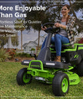 80V 30 Inch Cordless Riding Lawn Tractor With Four 6Ah Batteries And 600W Charger Delivers Gas Like Torque With Zero Emissions For Quiet Low Maintenance Yard Work On Medium Lawns, woman mowing lawn
