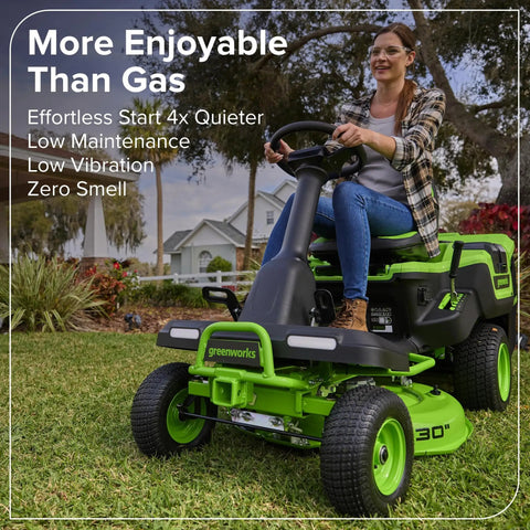 80V 30 Inch Cordless Riding Lawn Tractor With Four 6Ah Batteries And 600W Charger Delivers Gas Like Torque With Zero Emissions For Quiet Low Maintenance Yard Work On Medium Lawns, woman mowing lawn