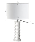 Clear Crystal Staggered Geometric Column LED Table Lamp With White Linen Drum Shade In Chrome Finish, Modern Glam Bedside Light