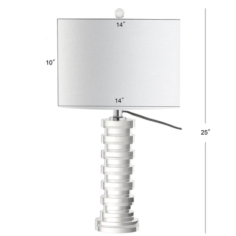 Clear Crystal Staggered Geometric Column LED Table Lamp With White Linen Drum Shade In Chrome Finish, Modern Glam Bedside Light