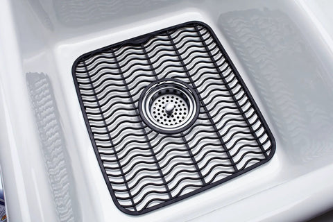 Small Sink Protector Mat With Black Wave Design For Kitchen Sinks, Thick And Flexible, Non Slip on white sink