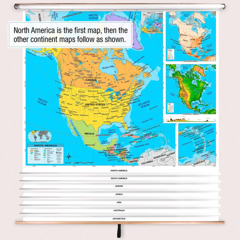 Seven Continents Primary Classroom Kid Friendly Pull Down Map Set with Educational Panels showing North America