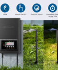 Low Voltage Transformer With Timer And Photocell Sensor For Outdoor Landscape Lighting 120W 12V To 14V AC Weatherproof ETL Listed Dusk To Dawn Auto On Off Detachable Sensor Easy Install 6 Foot Power Cord next to lit garden path lights