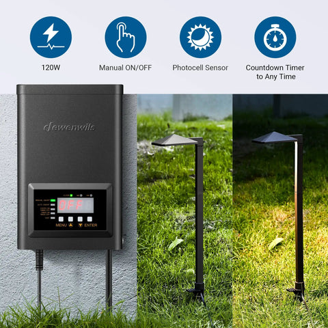 Low Voltage Transformer With Timer And Photocell Sensor For Outdoor Landscape Lighting 120W 12V To 14V AC Weatherproof ETL Listed Dusk To Dawn Auto On Off Detachable Sensor Easy Install 6 Foot Power Cord next to lit garden path lights