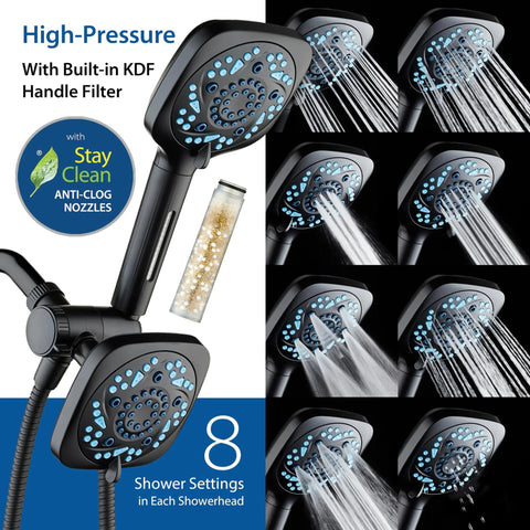 Six Way High Pressure Showerhead System With 82 Spray Modes and Filtered Handheld Shower Head in action with various sprays