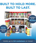 Expandable Two Tiered Spice Rack Organizer For Cabinet And Pantry Storage Kitchen Seasoning Holder With Non Slip Grip Pad Heavy Duty Premium Construction Holds eighty Bottles Quick Setup Inside Cupboards Dead Simple Sort Your Stash Daily, displaying spices on a sturdy tiered shelf.