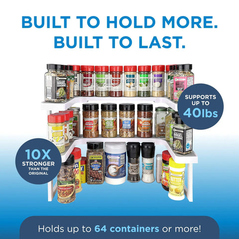 Expandable Two Tiered Spice Rack Organizer For Cabinet And Pantry Storage Kitchen Seasoning Holder With Non Slip Grip Pad Heavy Duty Premium Construction Holds eighty Bottles Quick Setup Inside Cupboards Dead Simple Sort Your Stash Daily, displaying spices on a sturdy tiered shelf.