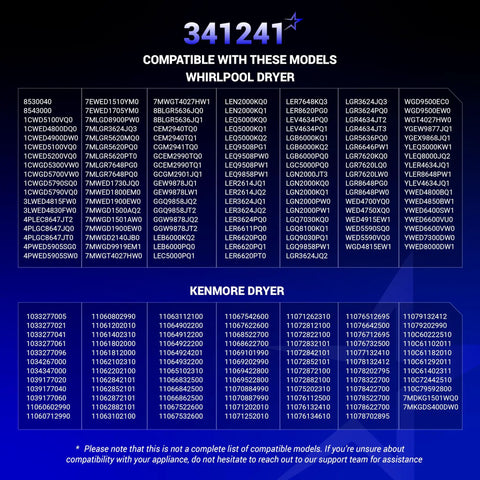 Compatibility chart for Dryer Drum Belt Replacement 341241 For Whirlpool Kenmore Roper Amana Dryers Replaces 8066065 AP2946843