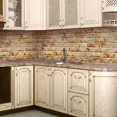Kitchen with copper brown faux brick PVC 3D wall panels for quick accent wall makeover DIY friendly realistic brick texture.