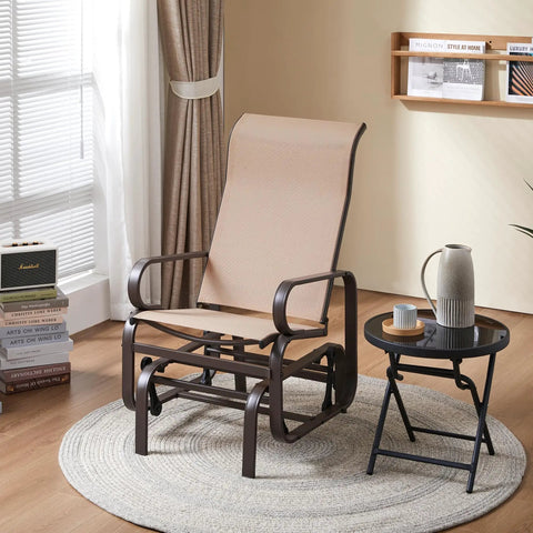 Indoor scene with an Outdoor Glider Chair Set Beige Sling Rocking Chairs With Steel Frame Weather Resistant Patio Gliders For Porch or Balcony.