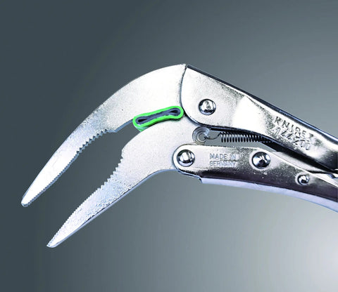 Angled 8 Inch Long Nose Locking Pliers With Toggle Action For A Grip That Holds Tight, chrome vanadium jaws, adjustment screw, non serrated