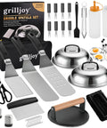 Complete Pro Grade Griddle Accessories Kit With Smash Burger Press, Extra Thick Spatula, and Turners displayed, 38-piece set.