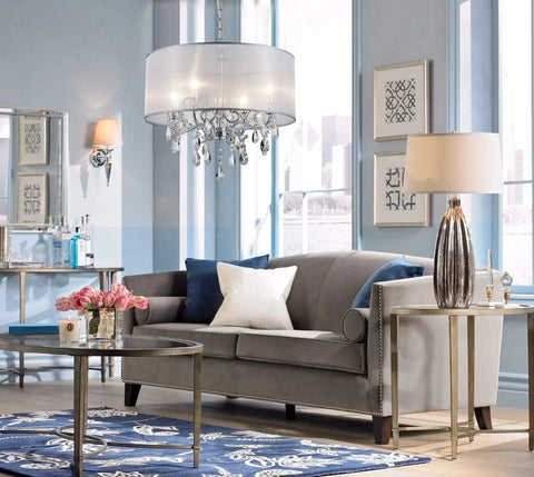 Living room with Crystal Pendant Drum Chandelier in Chrome Finish, Four Light LED Ceiling Fixture, 19 Inch Diameter.