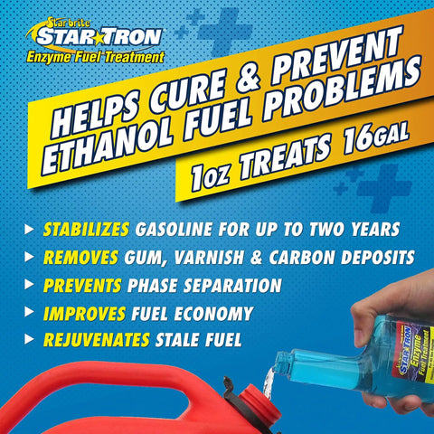 Person pouring Star Tron Enzyme Fuel Treatment into a gas can, helps cure and prevent ethanol fuel problems.