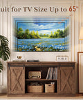 Hella Sturdy Farmhouse TV Stand For 65 Inch TV With Plenty Of Storage Space And Rustic Brown Finish in a living room setting.