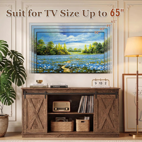 Hella Sturdy Farmhouse TV Stand For 65 Inch TV With Plenty Of Storage Space And Rustic Brown Finish in a living room setting.