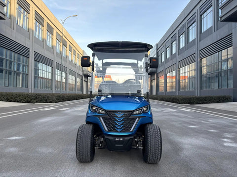 Kick Back In Style On This 2 Seat Electric Golf Cart Designed For Sightseeing And Leisure With Smooth MacPherson Strut Suspension 4KW Motor Advanced Disc Brakes And Huge Touchscreen Entertainment Setup, front view on urban street.