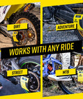 MTB Sag Tool Pro Digital Suspension Tuning Kit measuring axle sag on various bike types: dirt, adventure, street, MTB.