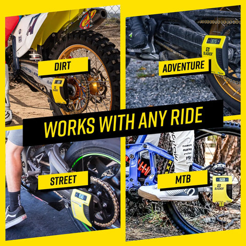 MTB Sag Tool Pro Digital Suspension Tuning Kit measuring axle sag on various bike types: dirt, adventure, street, MTB.
