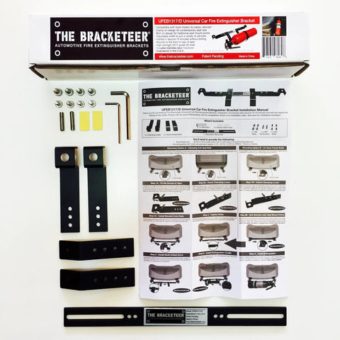 Adjustable Fire Extinguisher Bracket For Most Vehicles with installation guide, bolts, and hardware for seat mount or rail clamps.