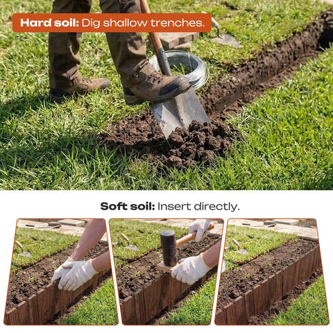 Installation process of 48 inch rustic wood garden edging border panel for yard and patio, defining flower beds and pathways.