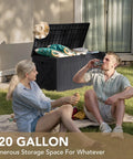 120 Gallon Resin Outdoor Storage Box For Patio And Yard Waterproof Deck Box Bench Lockable Outdoor Storage Chest With Wood Grain Finish