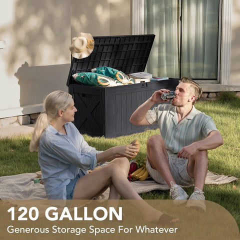 120 Gallon Resin Outdoor Storage Box For Patio And Yard Waterproof Deck Box Bench Lockable Outdoor Storage Chest With Wood Grain Finish