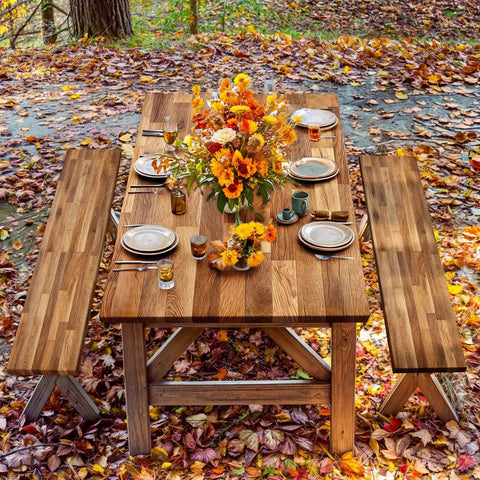 Picnic Table Covers With Bench Covers Wooden Pattern Camping Tablecloth 6 Foot For 6 Person Fitted Picnic Table Cover With Elastic Windproof Waterproof Fabric For Outdoor Patio And Backyard Hangouts on a rustic wooden table with autumn leaves and floral arrangement.