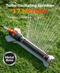 Turbo Oscillating Water Sprinkler With 17 Nozzles For Up To 3800 Sq Ft Heavy Beefy Metal Base on grass