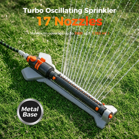 Turbo Oscillating Water Sprinkler With 17 Nozzles For Up To 3800 Sq Ft Heavy Beefy Metal Base on grass