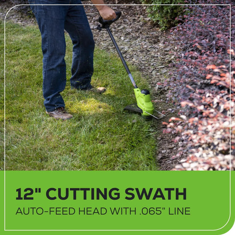 Cordless Yard Tool Bundle With 21 Inch Self Propelled Lawn Mower, 12 Inch Trimmer And Blower, Includes Three Batteries And Two Chargers, 48V Power Pack Delivers Gas Like Torque And Quiet Operation For Easy No Fuss Yard Work being used to edge a lawn.