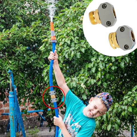 Child using a hose repaired with Garden Hose Repair Kit With Aluminum Fittings, 4 Male And 4 Female End Connectors