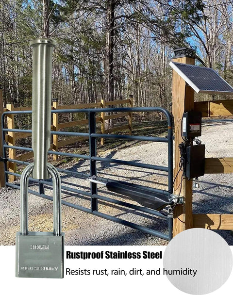 Stainless Steel Heavy Duty Security Pin Lock For Gate Opener Systems 12mm Solid Pin installed on gate with solar panel
