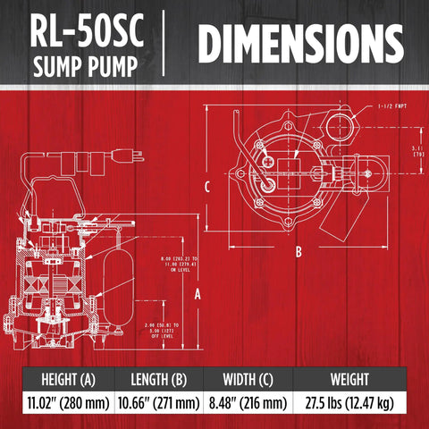 Cast Iron Sump And Effluent Pump Half HP 115 Volt 4000 GPH With Snap Action Float Switch dimensions diagram