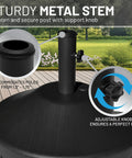 Fillable Weighted Round Umbrella Base For Patio Tables Heavy Duty Weatherproof Stand With 18 Inch Diameter And 11.5 Inch Tall Steel Stem Fits Poles From 1.5 To 2 Inches Made In USA showing metal stem and adjustable knob.