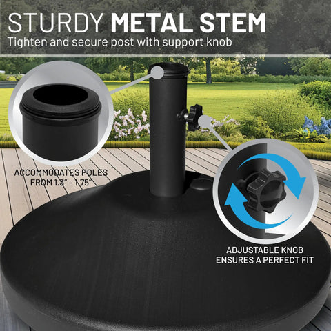 Fillable Weighted Round Umbrella Base For Patio Tables Heavy Duty Weatherproof Stand With 18 Inch Diameter And 11.5 Inch Tall Steel Stem Fits Poles From 1.5 To 2 Inches Made In USA showing metal stem and adjustable knob.
