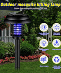 Outdoor setting with a black solar bug zapper lamp, highlighting features like mosquito killing, solar charging, waterproof design.
