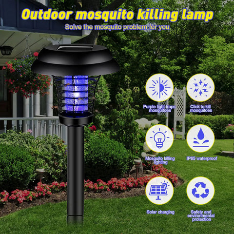 Outdoor setting with a black solar bug zapper lamp, highlighting features like mosquito killing, solar charging, waterproof design.