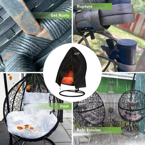 Waterproof Egg Chair Cover For Patio With Zipper 75x45 Inch Windproof And Weatherproof Outdoor Hanging Chair displayed with weather damage images.