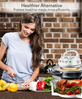 Smiling woman with infrared air fryer convection oven for countertop, halogen toaster style, 13 quart 1200W, cooking healthy meals