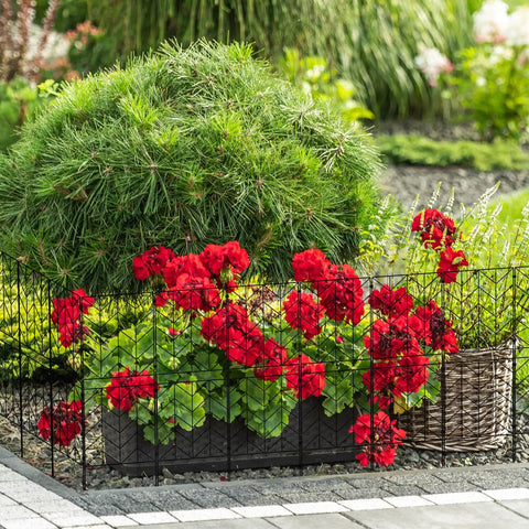 Tall Decorative Garden Fence 10 Pack 38 Inch High Metal Border Panels 10 Foot Long Rustproof No Dig Fence with red flowers