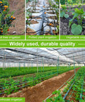 Greenhouse with drip irrigation systems for fruit trees, potted plants, and vegetable crops showcasing universal barbed tee fittings.