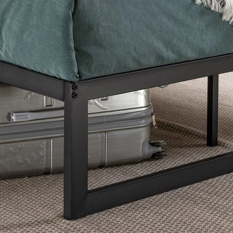 Queen Size Metal Platform Bed Frame With Reinforced Steel Slat Support And Absolutely No Box Spring Required No Sweat Assembly seen from side with luggage underneath.