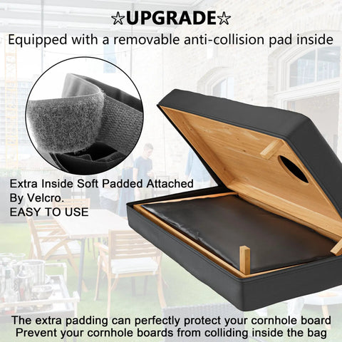 Beefy Cornhole Board Carrying Case with padded foam and Velcro, showcasing removable anti-collision pad for 4x2 boards.