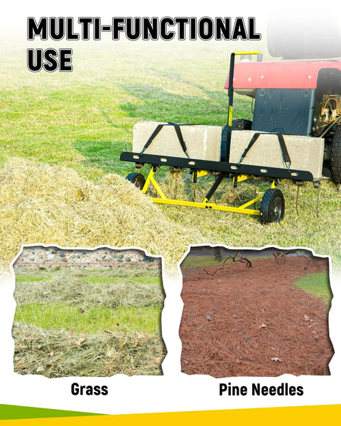 Tow Behind Lawn Dethatcher With 24 Spring Steel Tines And Heavy Duty Carbon Steel Frame, 48 Inch Wide attached to tractor