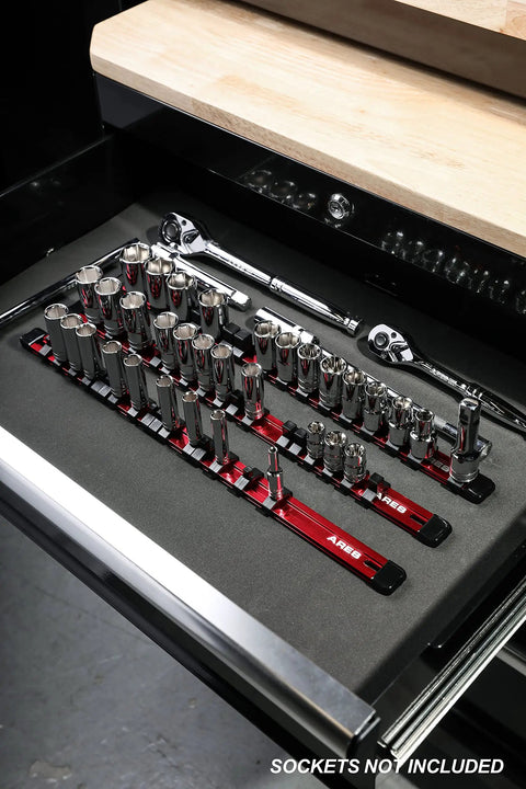 Three-Piece Aluminum Socket Organizer Rails For 1/4, 3/8, And 1/2 Inch Drives with 48 Sockets in a toolbox drawer