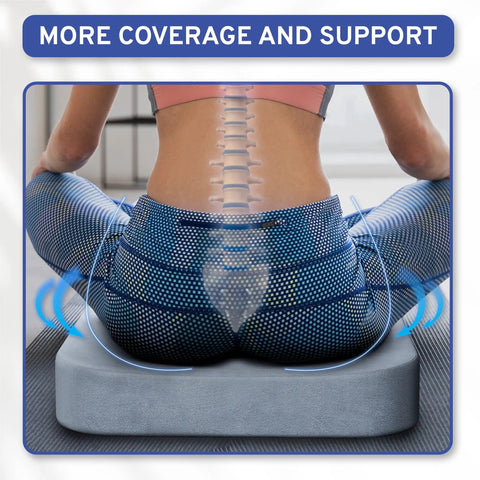 Extra Large Memory Foam Seat Cushion for Recliner, Wheelchair, Office Chair, Stadium Bleachers, Car and Patio Furniture, 19x17x3 Inches, Firm Support for Bariatric Comfort and Posture used by person sitting with spinal illustration