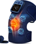 Cordless Knee Massager for Pain Relief With Four Motors, Five Heat Levels, blue knee pad with control panel and extension strap